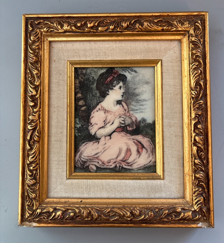 Antique Hand Painted Porcelain Age of Innocence Portrait Gilt Frame Reynolds