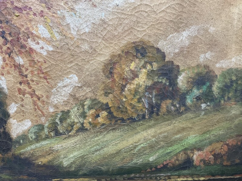Antique Original Oil Painting Signed & Framed Forest With Stream Landscape As Is gallery