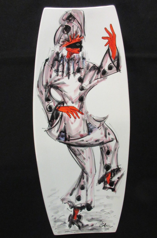 SIGNED 1960s MCM ITALIAN PAINTING on 18″ ART CERAMIC WALL HANGING JESTER DANCING
