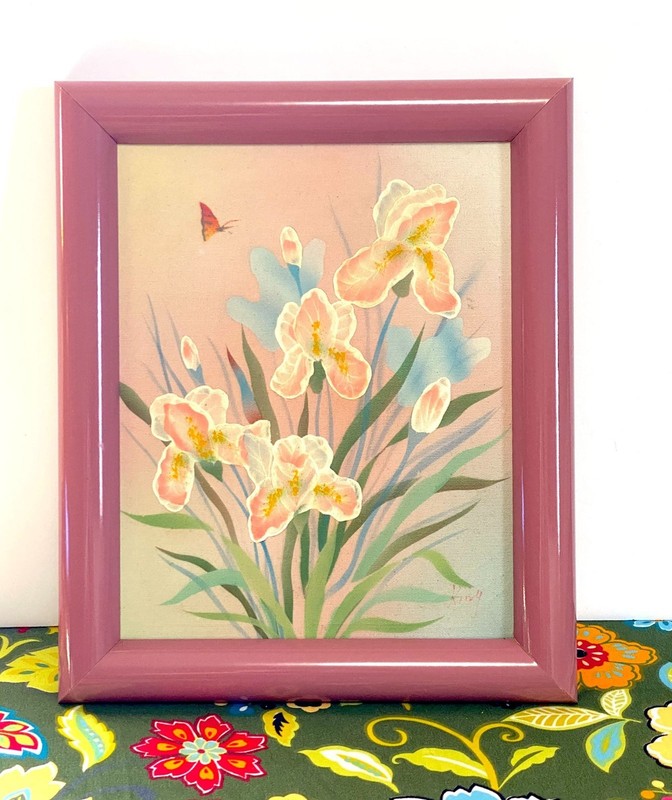 Framed Floral Impasto Oil Painting Irises Vintage Vaporcore Retro Frame Boho