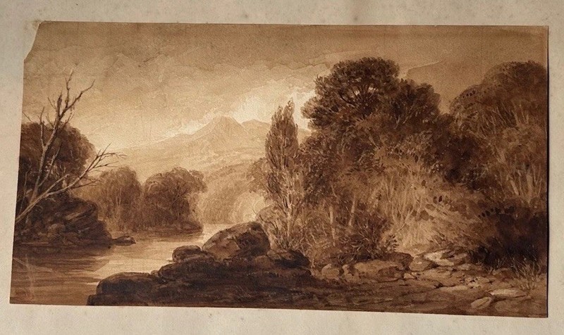Robert Walter Weir Hudson River School Catskills Sepia Watercolor Sketch c1880
