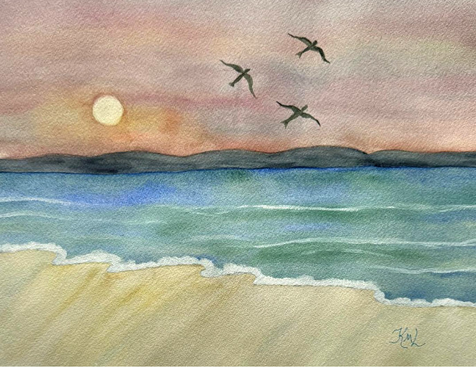 PAINTING WATERCOLOR ORIGINAL SUNRISE BEACH SEA LANDSCAPE OCEAN 11X14 & MAT 16X20