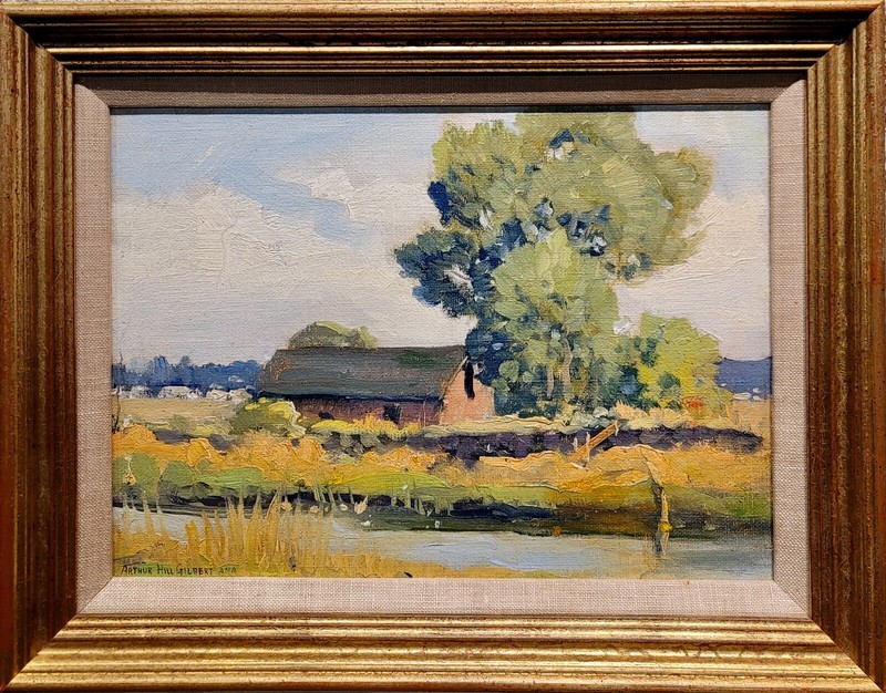 Arthur Hill Gilbert -Red Barn in a Farm Landscape -c1930s Oil painting