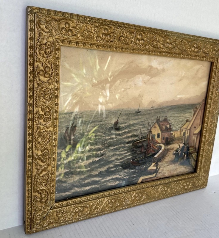 Antique Watercolor Painting Ocean Marine Sailboats/Ancient Harbor Antique Frame gallery
