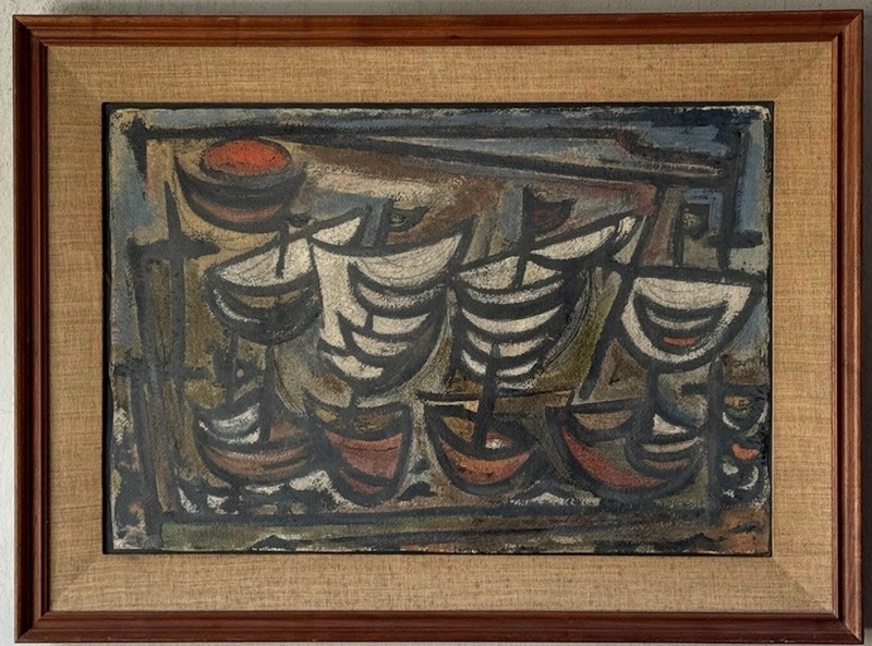 FRENCH ANTIQUE MODERN ABSTRACT CUBIST CUBISM BOAT OIL PAINTING VINTAGE FRANCE 50