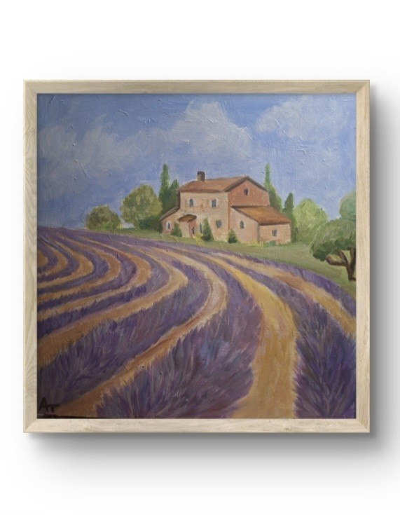 Original Signed 12×12 Impressionist Acrylic Panel Lavender Field Contemporary.