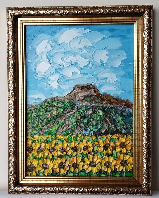 Framed New Mexico Mesa Landscape Sunflowers Field Art 5×7” Oil Painting Original