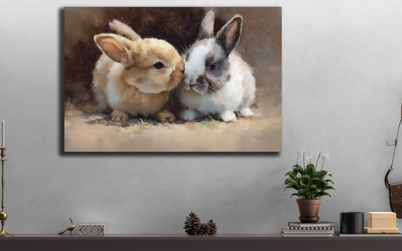 Bunnies Snuggling Painting, Cuddling Rabbits Canvas, Nursery Newborn Wall Art gallery