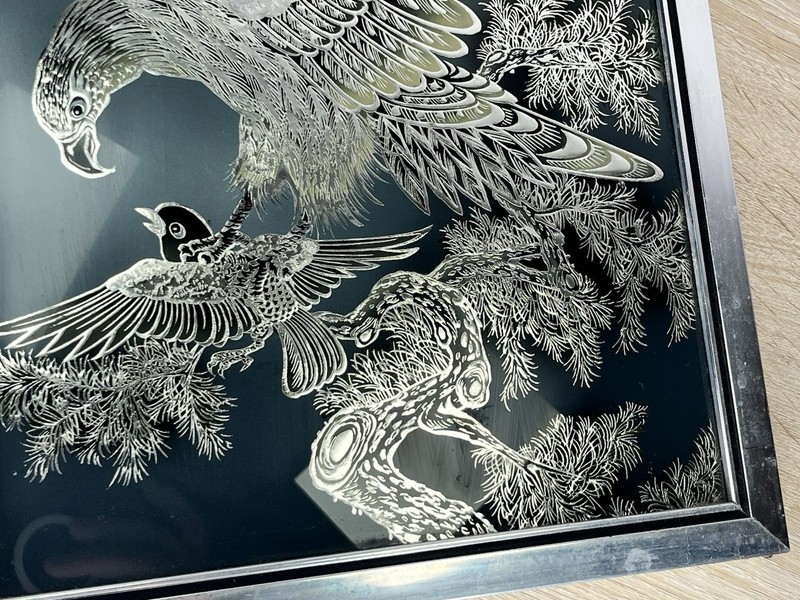 Vintage Korean Etched Glass Art Eagle & Small Bird Scene 15x11.5 Framed Mirror gallery