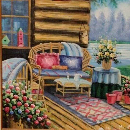 Vintage Creative Galleries Front Porch Cabin Hand-Painting 20x24 Signed & Framed gallery