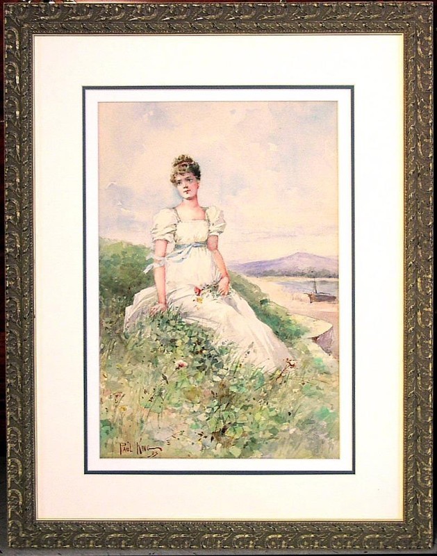 Original 1893 W/C by Paul Bernard King N.A. – A Lovely Lady by the Shore