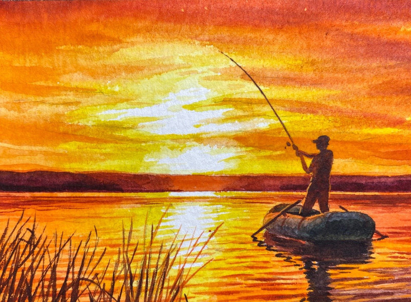 Watercolor Painting Fishing Fisherman Boat Lake Sunset ACEO Art No.314