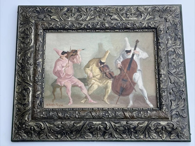 ANGELO DELLA TORRE PAINTING THREE MUSICIANS JESTERS MID CENTURY ITALIAN LISTED gallery