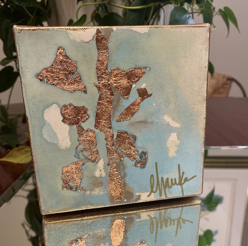 Signed 6×6 Original Abstract Painting on Canvas | Gold Leaf Floral Style Art