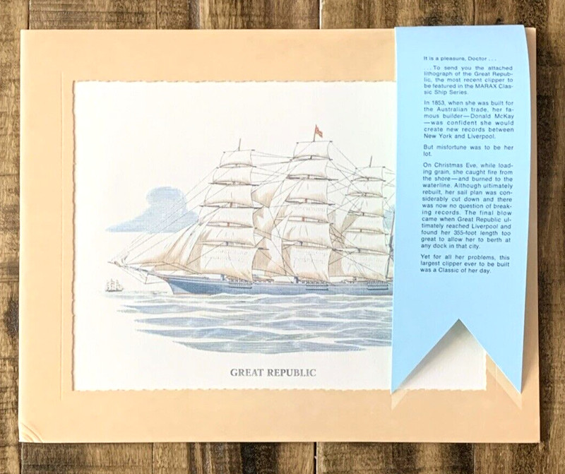 Great Republic Clipper Lithograph Marax Classic Mail Ship Series