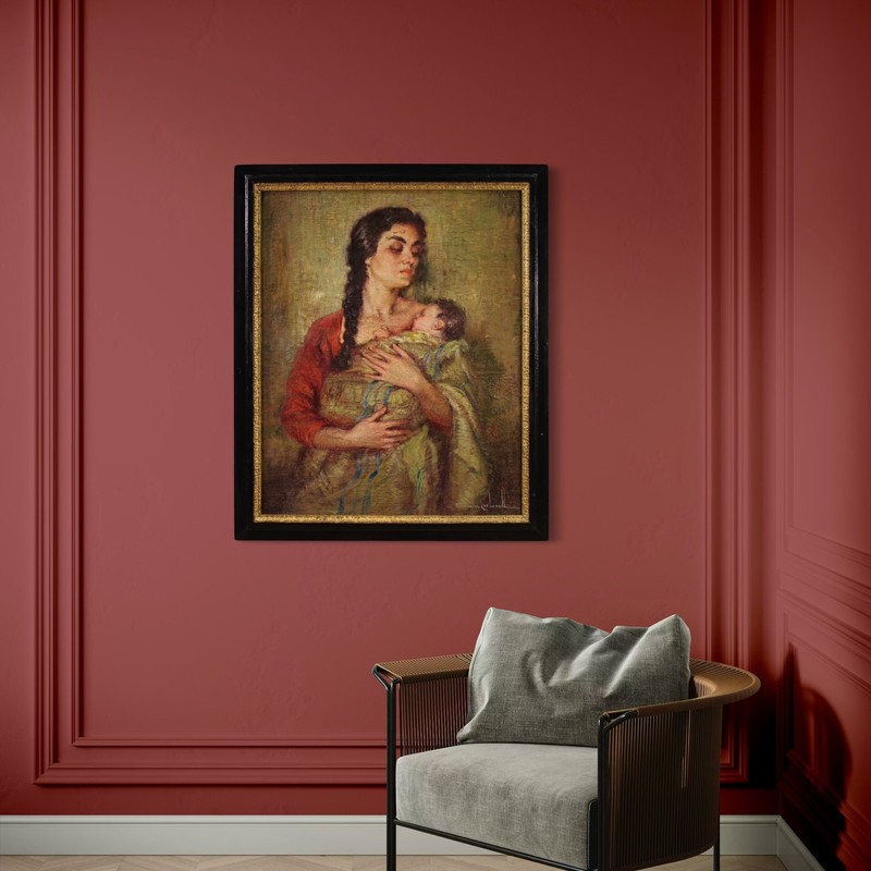 Spanish painting signed artwork Maternity oil on canvas frame 20th century gallery
