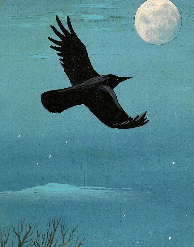 11×14 PRINT OF PAINTING RYTA FULL MOON RAVEN CROW HALLOWEEN Whimsical Folk Art