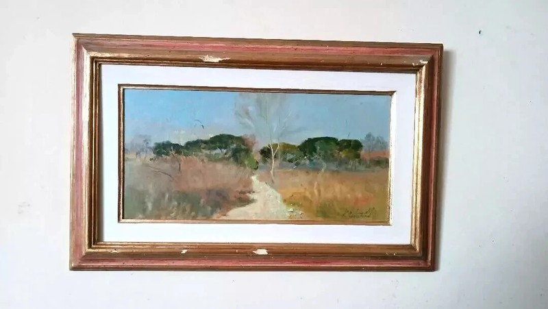 oil painting cardboard landscape Maremma BRUNO LORETTI (LIVORNO 1940)
