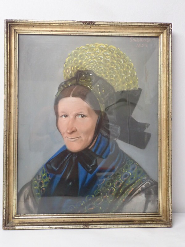 Great painting Biedermeier: lady in costume signed Schlotterber 1852