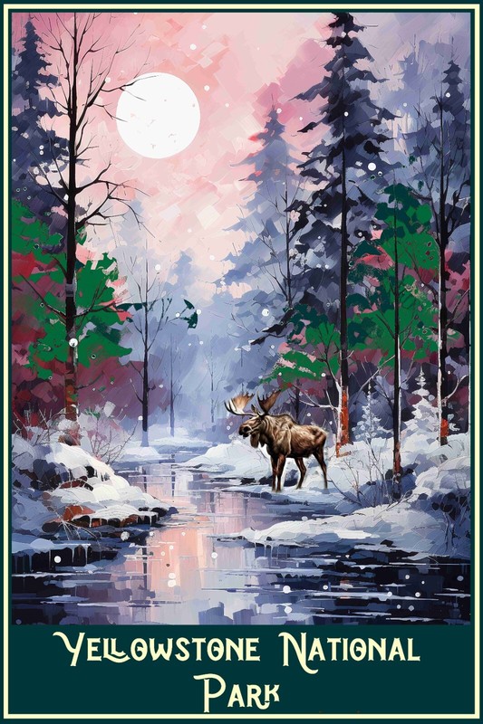 Yellowstone National Park Moose Winter Art Travel Poster Prints gallery