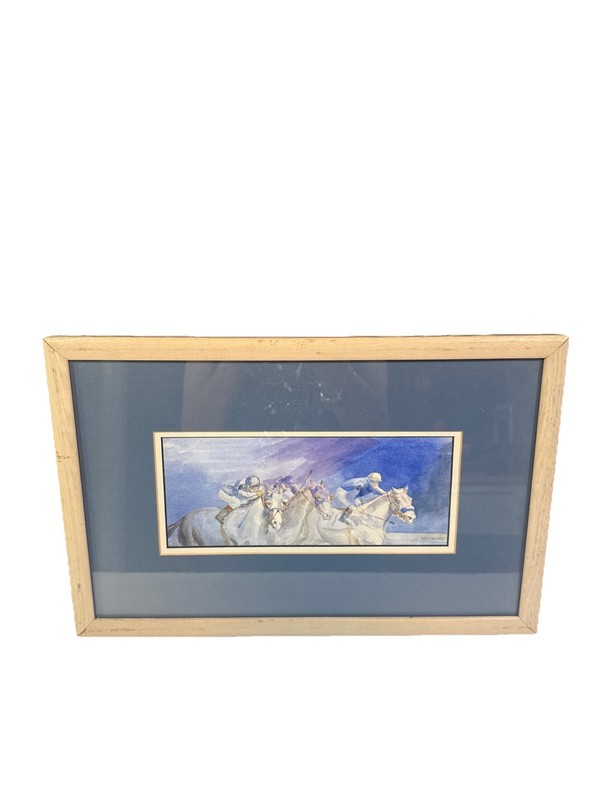 Original Watercolor By Lionel Lefebvre Horse Racing Jockey Framed & Matted