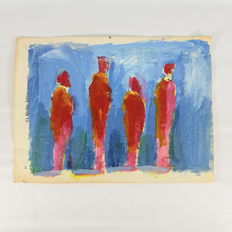 Original Abstract Figures Sheet Music O Sole Mio Colorful Painting Art 9″x12″