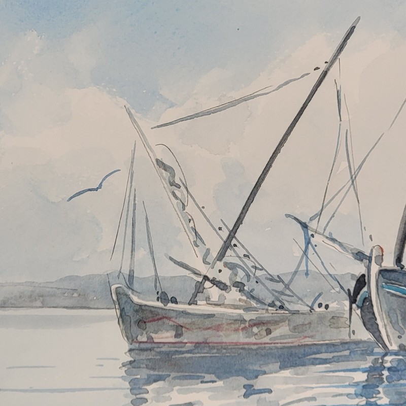 VTG Harbor Boat Seascape Painting Watercolor Attributed Ray Prosser Framed 11.5" gallery