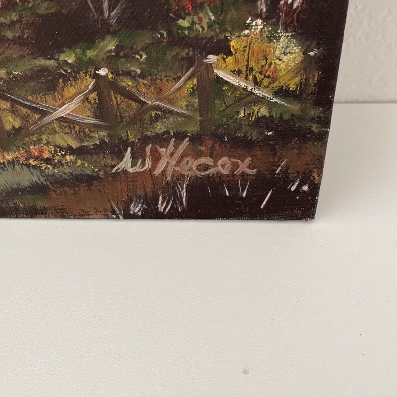 Vintage Rustic Cabin Landscape Painting 24x18" Wooded Stream signed W Hecox gallery