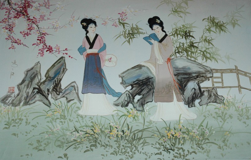 VINTAGE ORIGINAL OIL PAINTING TWO ASIA JAPANESE WOMEN FIGURES 34″ X 23″
