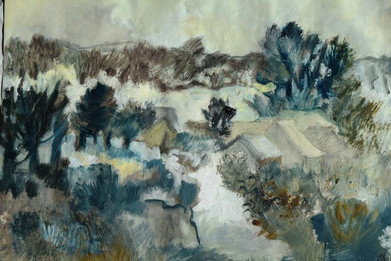 Walter Gutbrod 1908-1998 Ludwigsburg / Öl / trübe Landschaft mit Häusern 1988 gallery