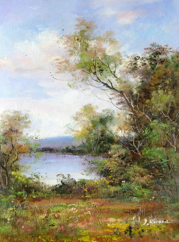 Framed Original Oil Painting, Signed Wall Art, Summer Lake View Landscape gallery