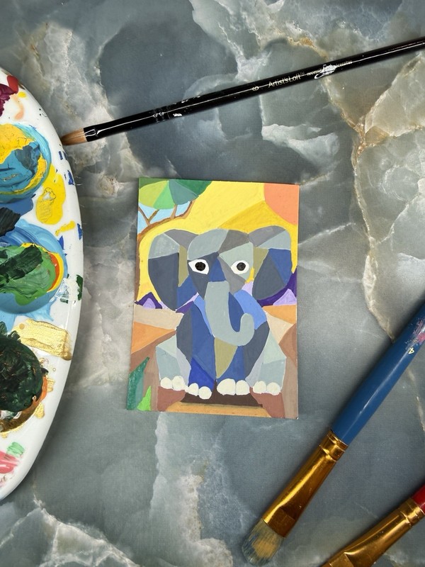 ACEO Set!! Two 2.5 x 3.5 Elephant abstract cubism Painting by WILHERMINA gallery