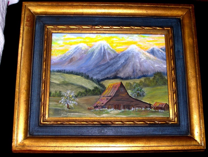 ORIGINAL Cabin Barn Mountain Landscape Blooming Trees Vintage Canvas Painting gallery