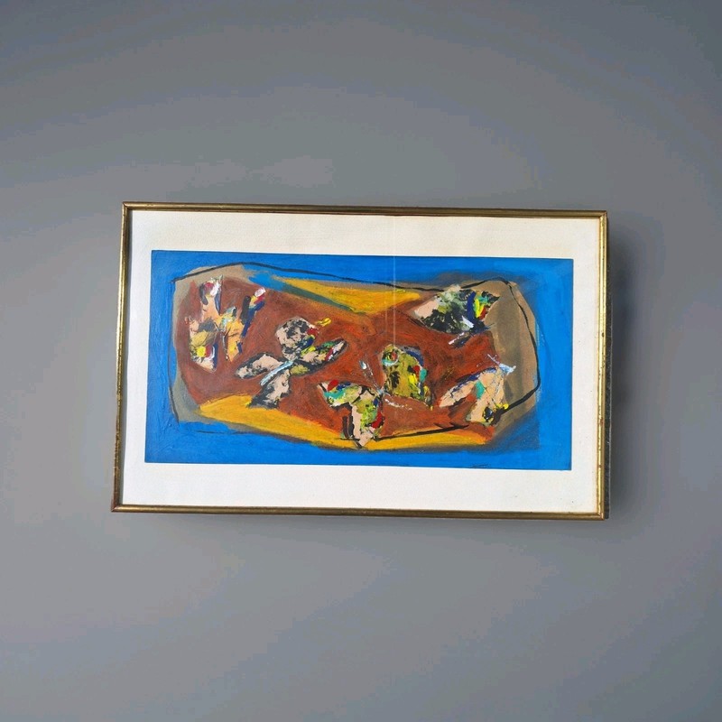 Antique Oil Painting Abstract Scene, Framed Vintage Expressionism 1940-1960