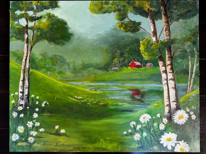 FLORA FRANTHAM Vintage Painting SUMMER Landscape Farm DAISIES 24×30 inch