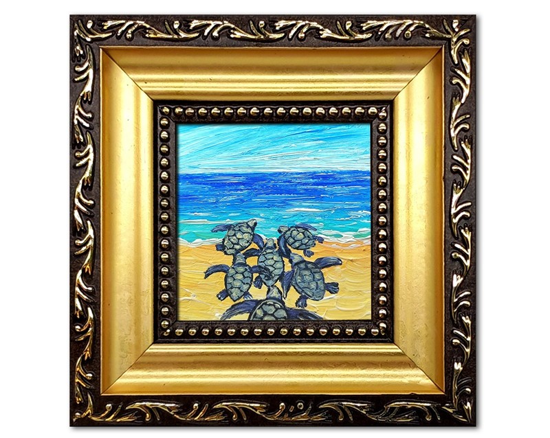 Baby Sea Turtles Original Mini Oil Painting, Framed Beach Wall Art Coastal Decor