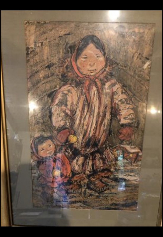 1965 Joan Arend Kickbush Lg Framed Alaskan Eskimo Mother Child Painting Original gallery
