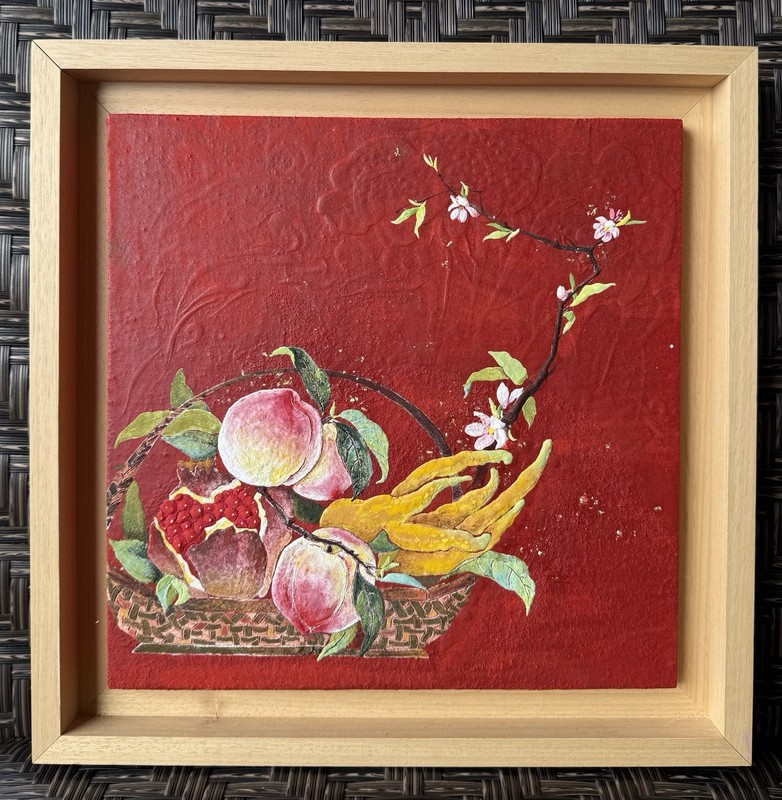 Framed Still Life Fruit and Flower Basket Painting on Red Canvas