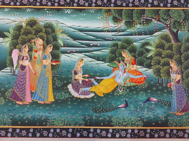 Krishna Radha Rasa Lila Art Handmade Indian Religious Hindu Folk Decor Painting