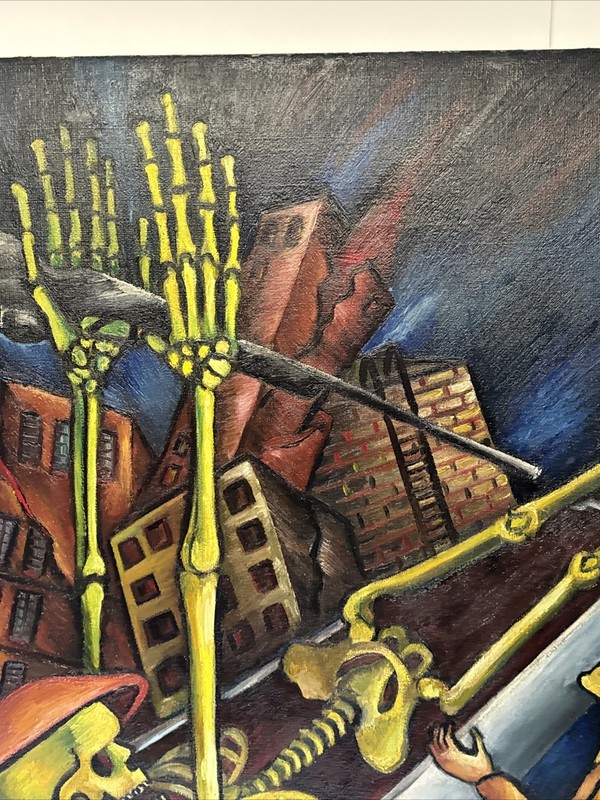 Antique Wpa Painting Holocaust WW2 Skeleton Large Expressionist Sylvia Ludins gallery