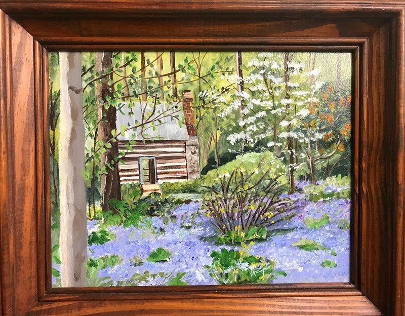 Framed Landscape Oil Painting, Cabin In The Woods By Marilyn, 17 1/2" x 14 1/2" gallery