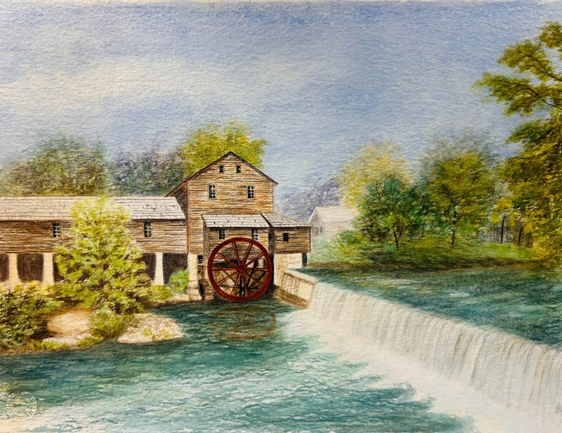 Vintage Original Watercolor on Paper – Pigeon Forge Style Grist Mill – 11″x15″