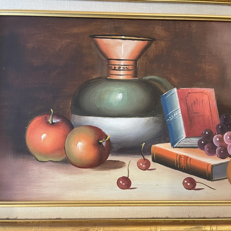 Vintage Oil On Canvas Still Life Fruit Pitcher Books Gold Gilt Faux Bamboo Frame gallery