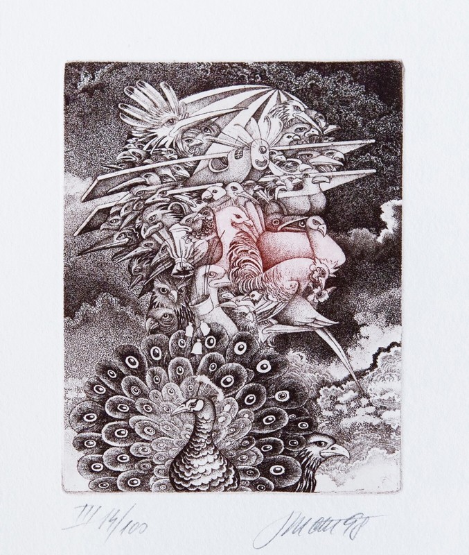 Unique Etching by Josef Dudek «Giuseppe Arcimboldo and Birds»,Aquatint, 1998