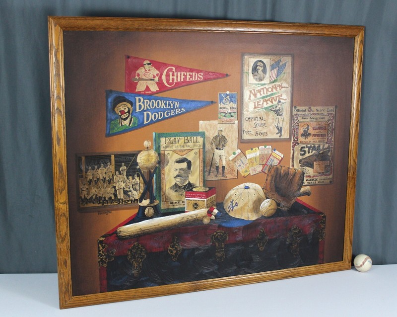 47" Folk art style painting of vintage Baseball, signed Huntington, Lou Gehrig gallery