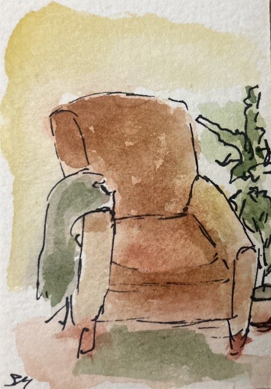 Original ACEO Armchair Still Life – Ink & Watercolor Miniature Art