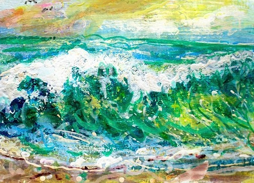 ORIGINAL ACEO Painting OCEAN Beach Waves Clouds Sunset Summer Shore Sea ATC ART