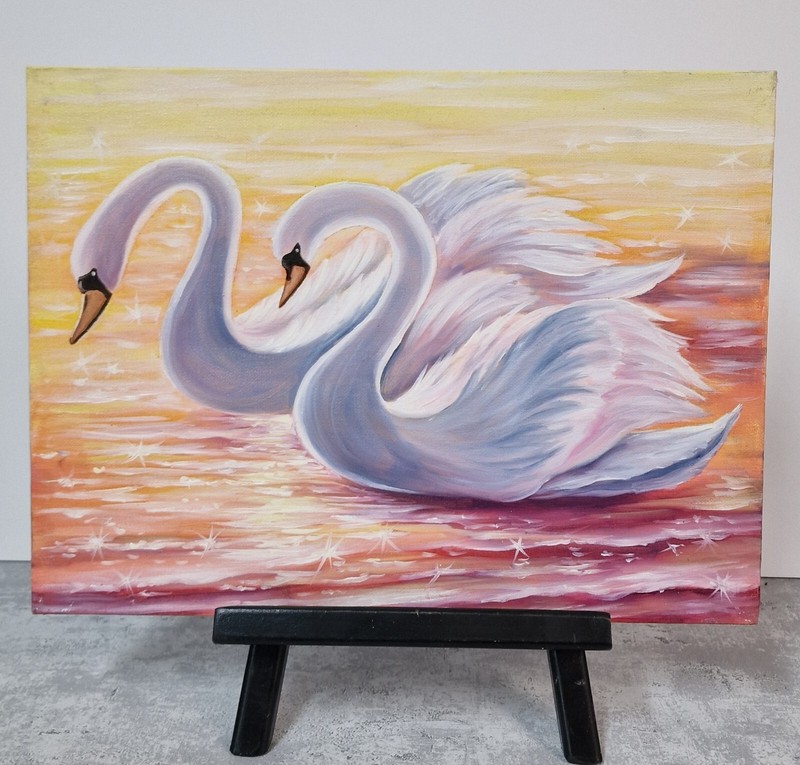 Swan Couple Close-Up – Original Oil Painting – Romantic Bird Wall Art Landscape
