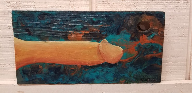 Original Abstract Pour Art Blue Copper Male Penis Dick Painting on Wood