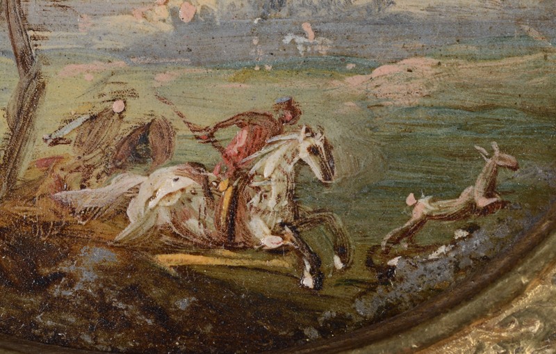 "Hunting scene in Italianate landscape", Dutch oil on copper miniature, 17/18th gallery